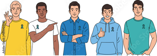Diverse Group of Men Wearing Teal Awareness Ribbons, Promoting Men's Health, Disease Screening, and Support with Gestures of Encouragement and Confidence Vector Illustration.
