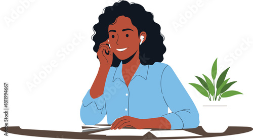 Happy African American Woman Talking on a Wireless Earbud Headset at a Desk, Representing Customer Support, Virtual Assistant, or Remote Communication Vector Illustration.