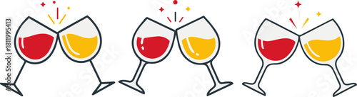 Party and celebration icon collection. 3 toast wine glass illustrations for New Year or wedding. 