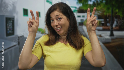 Hispanic middle aged woman makes air quotes with both hands on a city street; skepticism.