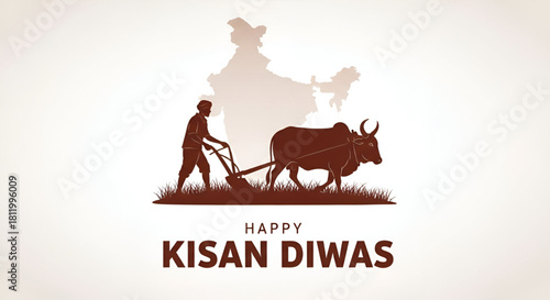 Happy Kisan Divas Celebration Poster With Traditional Indian Cultivator Ploughing Land Using An Ox Silhouette Against The Outline Map of India Vector Illustration