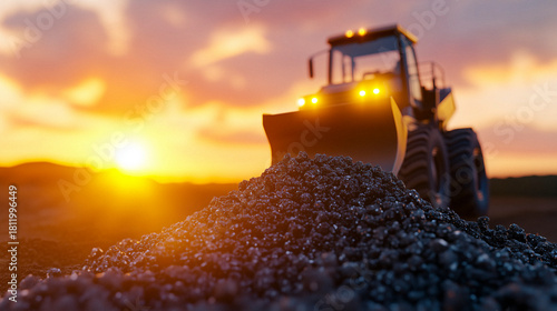 Cinematic heavy-duty loader pouring gravel on a wide construction site, glowing sunset light and dramatic shadows, palette of golden amber, deep charcoal, and warm terracotta, industrial scene, AI