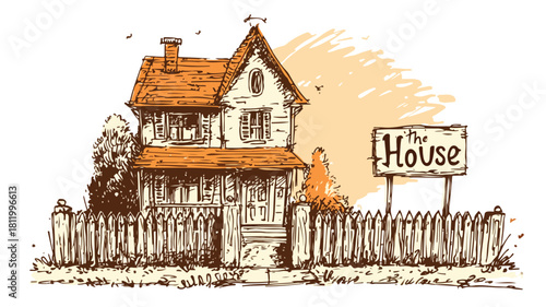 Charming Cartoon House with Fence and Sign, Ideal for Real Estate Ads and Children's Illustrations