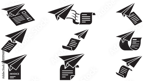 Paper airplane invoice delivery glyph — solid black vector of paper plane carrying invoice, representing send, bill and document delivery (editable)