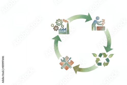 Recycling process cycle with icons illustrating sustainability efforts circular product lifecycle