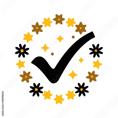 Checkmark with star flowers in golden brown wreath style