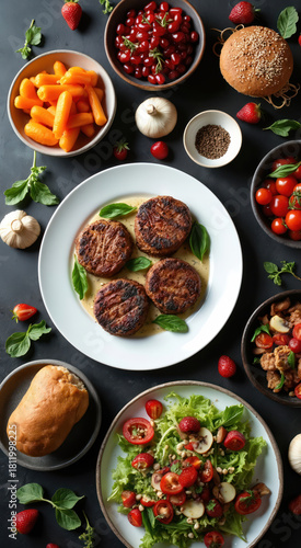 Wallpaper Mural Overhead view of various food items on a dark surface. The composition includes burgers salad berries vegetables and other ingredients. This culinary arrangement appears delicious and inviting. Torontodigital.ca