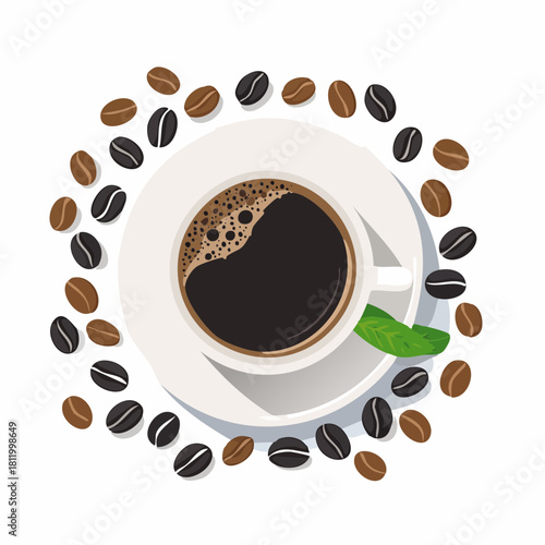 Aromatic coffee cup surrounded by beans creating a cozy and inviting atmosphere