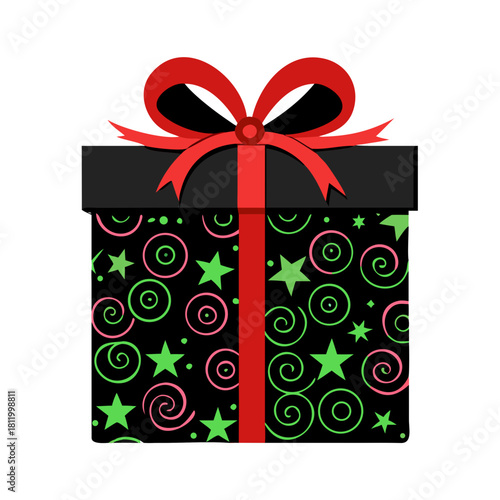 Black gift box icon with red ribbon and festive patterns