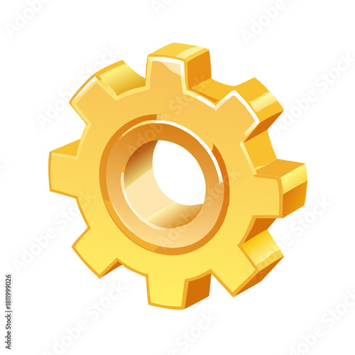 Yellow gear icon in 3D style with metallic shading