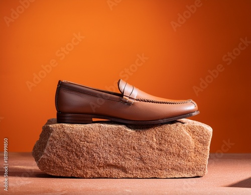 elegant leather loafer shoe on a textured stone with stylish orange background