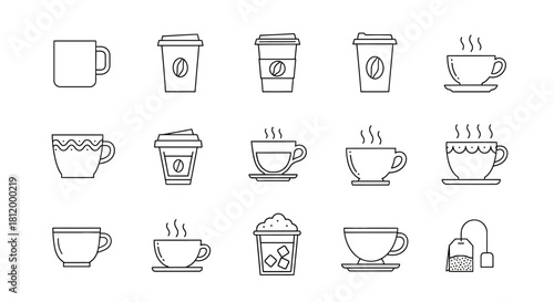 A diverse set of minimalist line art icons featuring coffee cups, mugs, teacups, and to-go containers.