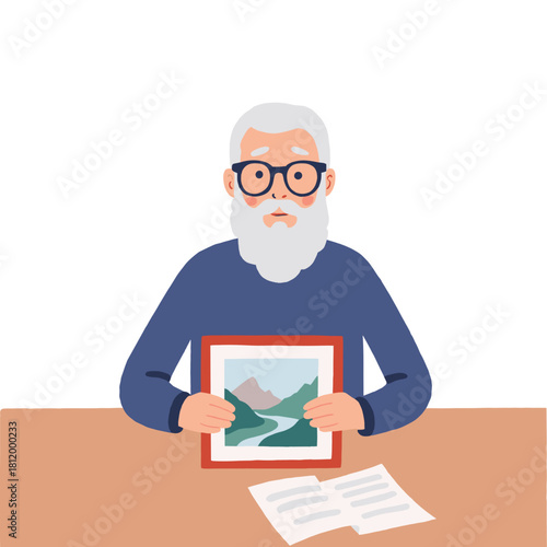 Elderly man with framed photo. Senior looking at old picture. Older man remembering loved ones. Elderly nostalgic moment at home. Elderly set