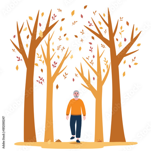Elderly man walking alone. Senior silhouette at sunset. Older person on quiet path. Elderly walking in solitude. Elderly set