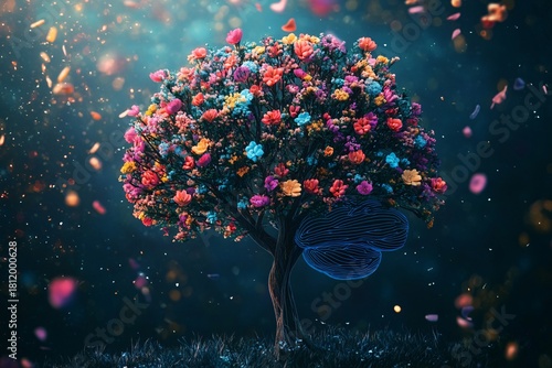 Fototapeta Naklejka Na Ścianę i Meble -  Magic of the nature fantasy landscape with a tree in an underwater tropical coral reef ocean scene with colorful fish and blue marine life