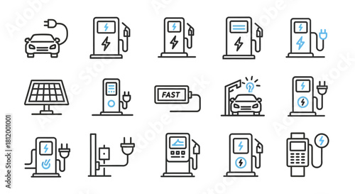 A set of electric vehicle charging station icons in a minimalist black and blue outline style.