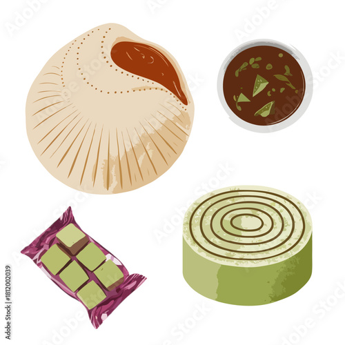 A delicious assortment of sweet and savory treats including a steamed bun dipping sauce chocolate squares and a green tea cake isolated on white background