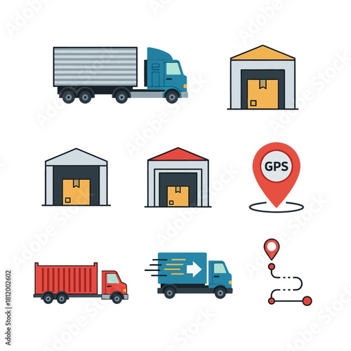 Set of Flat Design Icons Representing Logistics and Delivery Services.