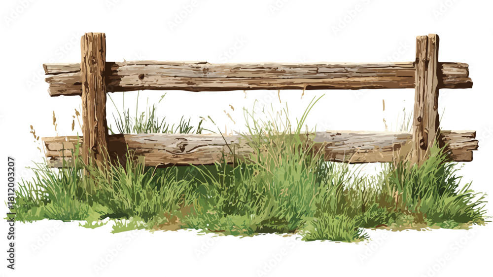 Obraz premium Detailed Vector Drawing of Wooden Fence with Grass - Outdoor Nature Scene