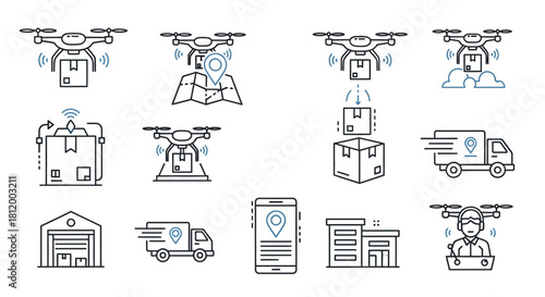 Set of Line Icons Representing Drone Delivery and Logistics Services.