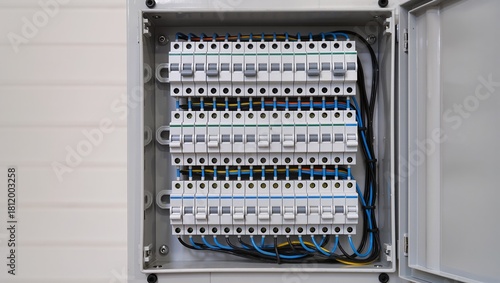 Close-up of a modern electrical breaker panel with neat wiring and clean labeled switches, set against a softly blurred wall, highlighting electrical safety and organized installation