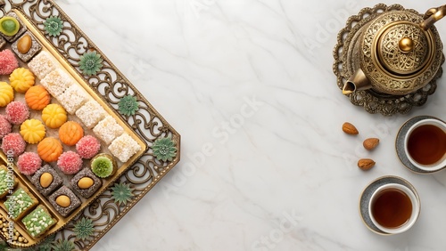 Elegant Assortment Of Colorful Middle Eastern Sweets Served With Hot Tea In Ornate Teapot On Marble Surface