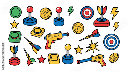 Retro Game Icons Collection: A vibrant compilation of retro game icons, featuring classic controllers, coins, blasters, and targets. This is your portal to the world of vintage fun and game-play.
