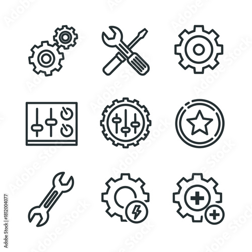 Set of nine black line art icons representing tools, settings, and configuration.