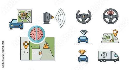 Autonomous driving technology icon set featuring AI brain, GPS navigation, sensors, and smart vehicles.