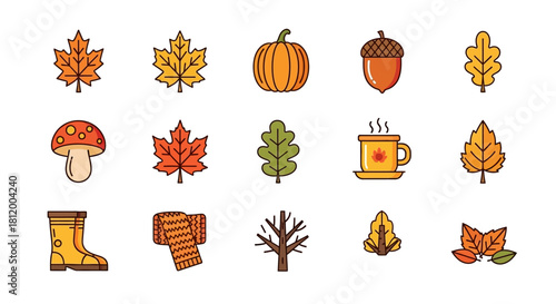 Autumnal Icon Set - Leaves, Pumpkin, Acorn, Mushroom, Boot, Scarf, Tree, Mug.
