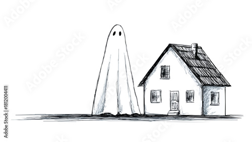 Spooky Ghost Haunting House Vector Illustration for Halloween Designs