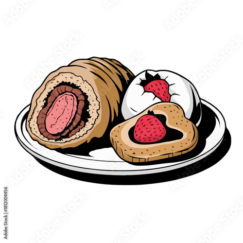 Delicious pastry assortment featuring a sliced meat roll a cream filled bun with strawberry topping and a heart shaped pastry with strawberry filling isolated on white background