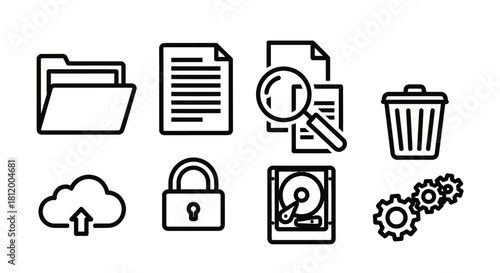 Set of Simple Black and White Data Management Icons.
