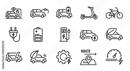 Set of textured line art icons representing electric cars, charging stations, and eco-friendly mobility concepts.