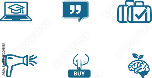 Collection of Blue Icons Representing Education Communication Travel Beauty Commerce and Growth symbolizing diverse concepts and modern design suitable for web design apps or presentations