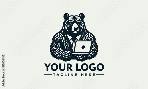 Professional bear mascot logo vector design. A serious grizzly wearing a suit and tie holds a laptop, ideal for tech or finance brands.