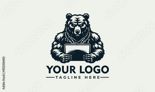 Muscular bear character holding a screen, a vector logo template ideal for a powerful tech brand or security service