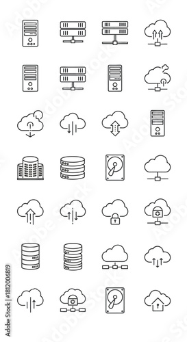 Outline Cloud Computing and Server Icons Collection for Data Storage and Network Infrastructure.
