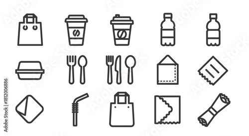 Outline Icons of Takeout Food and Drink Items.