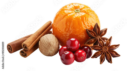 Aromatic winter spices and fresh orange fruit arranged together for festive holiday baking and seasonal cooking isolated on transparent background