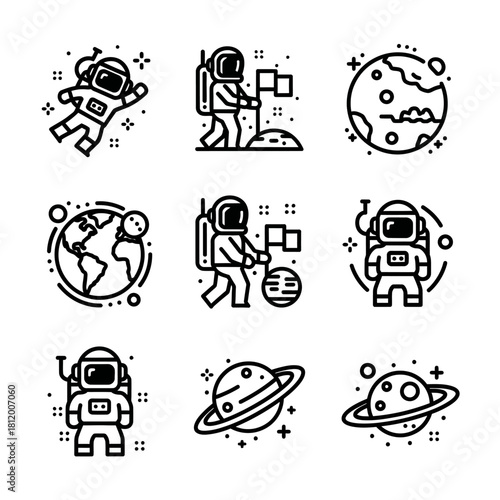 Outline space exploration icons set, featuring astronauts, planets, and celestial bodies in a minimalist style.