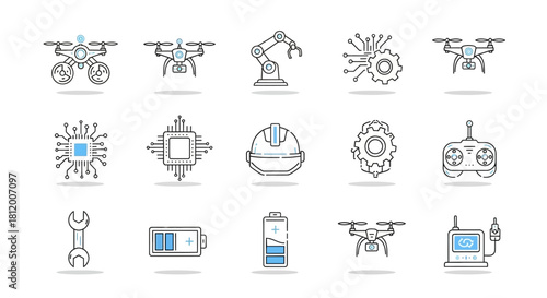 Outline technology and industry icons set with blue and red accents, featuring drones, robotics, and circuits.