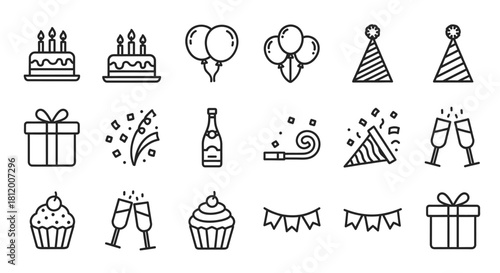 Outlined Birthday Party Icons - Cakes, Balloons, Gifts, Confetti, Champagne, Party Hats, Cupcakes, and Banners.