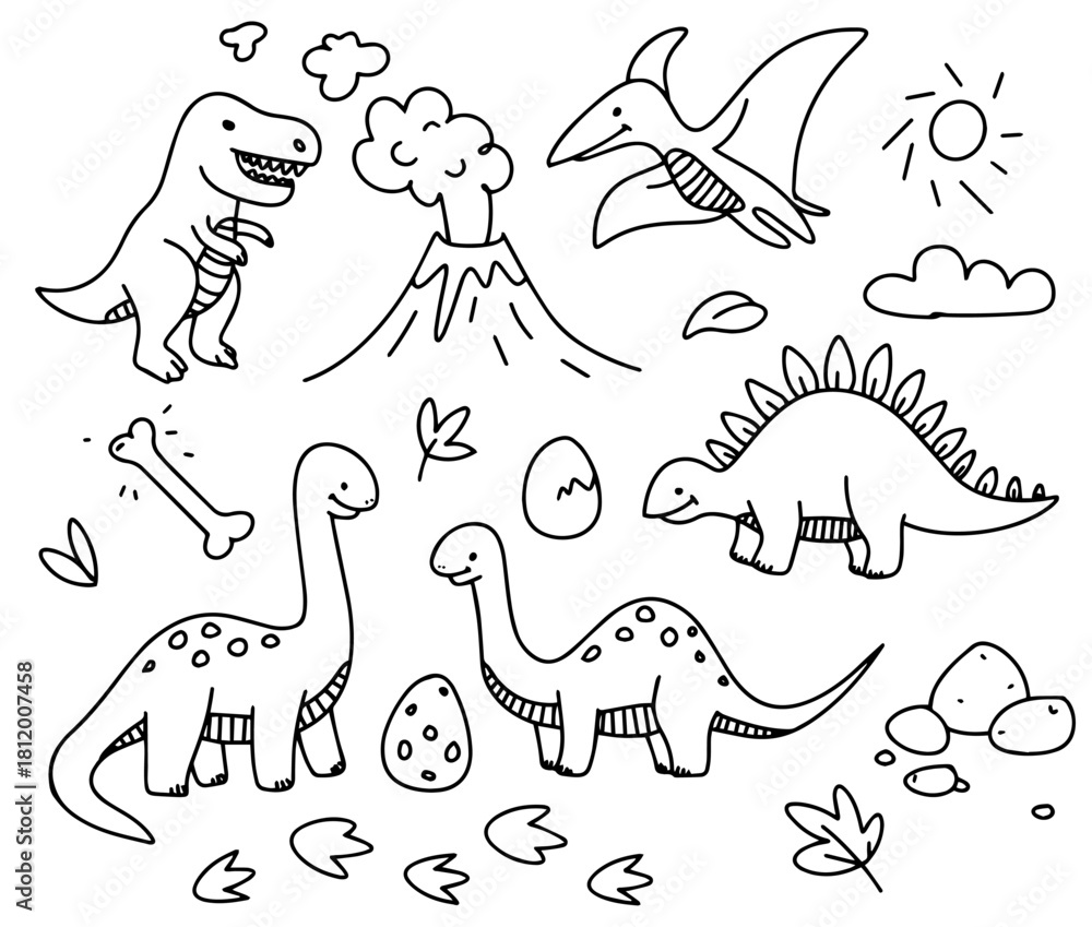 Obraz premium Doodle set with dinosaurs and prehistoric elements.