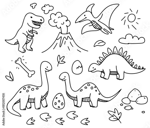 Doodle set with dinosaurs and prehistoric elements.