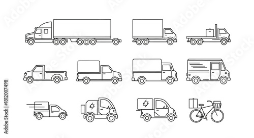 Outlined Vector Illustrations of Various Delivery Trucks and a Bicycle for Transportation.