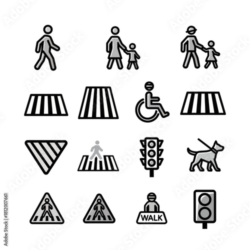 Pedestrian and Traffic Signs - A Collection of Black and White Vector Icons.