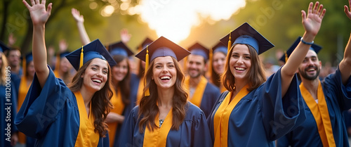 A diverse group of graduates joyously celebrating their achievements at graduation, featuring vibrant colors and great composition with ample copy space.