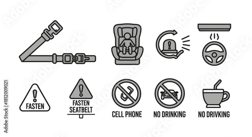 Monochrome Line Art Icons Set Depicting Driving Safety and Road Rules.