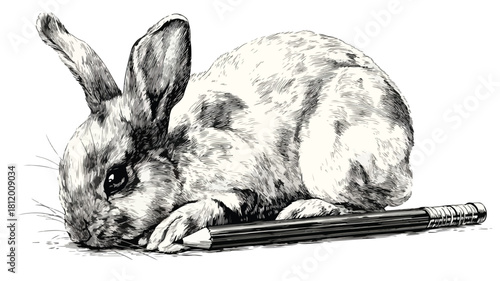 Rabbit Drawing with Pencil Vector Outline